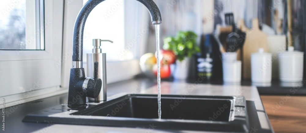 Water flowing from a kitchen sink faucet