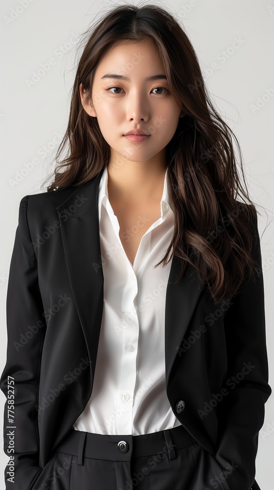 Young Asian business woman in black suit isolated on white background. Young Asian business woman in black suit isolated on white background.