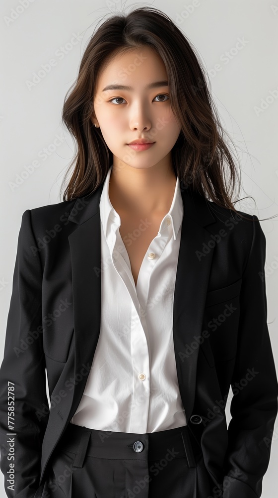 Young Asian business woman in black suit isolated on white background. Young Asian business woman in black suit isolated on white background.