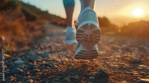 Close-up of an athlete's feet walking, with a focus on the running shoes at sunset. The perspective is low and close to the ground, highlighting the details and texture of the shoes and the surface. photo