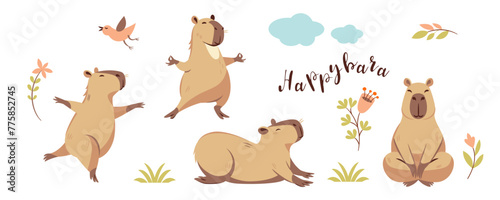Capybara set, cute character in various poses, cartoon style, flat illustrations.