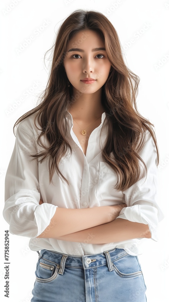 Obraz premium Young Asian woman in white shirt isolated on white background.