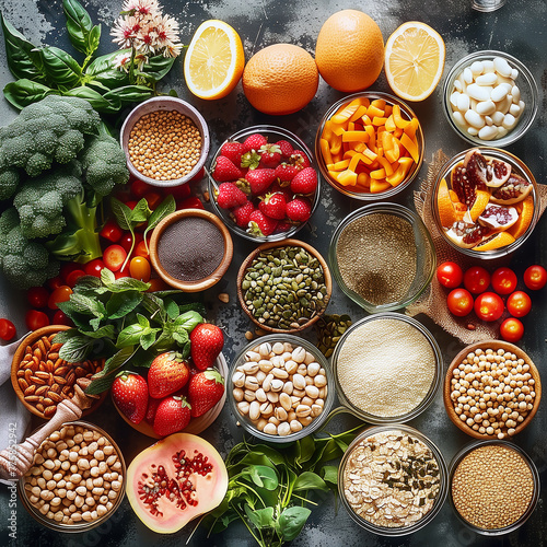 Bowls with healthy balanced vegan food ingredients, top view © VICUSCHKA