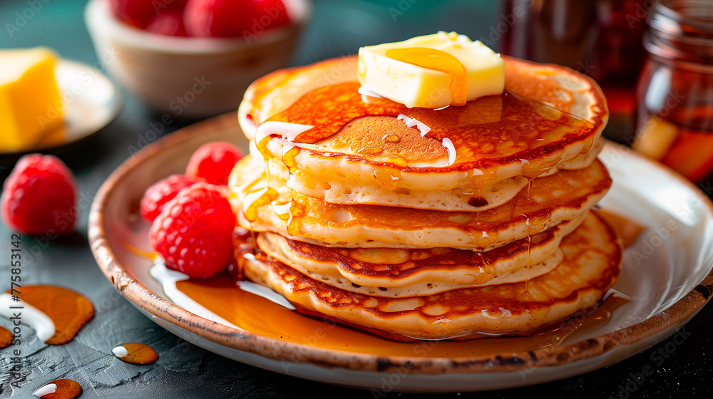 a stack of delicious pancakes topped with maple syrup and other toppings