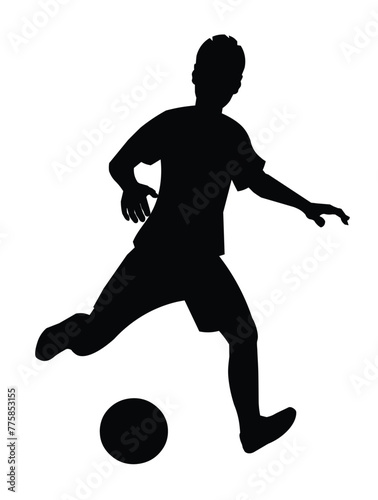 Black silhouette of a playing football boy running and dribbling at the championship