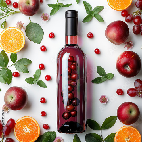Bottle with berries wine bottle on white background with ingredients: apples and berries. Top view. Flat lay © VICUSCHKA