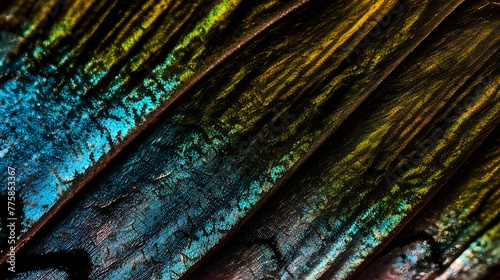 An intricate and colorful pattern adorning the wing of a tropical butterfly, showcasing its bright tones and exquisite complexities in a visually stunning texture.