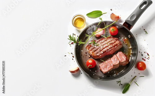 Roasted steak in frying pan on white background with other ingredients, falling herbs and spices , top view. Copy space © VICUSCHKA
