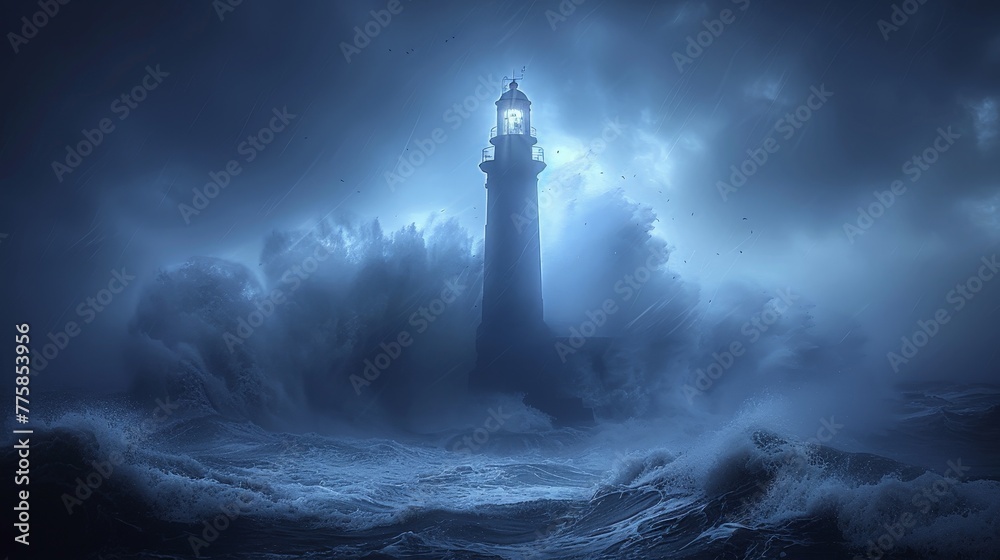 Waves crushing against a lighthouse in a stormy evening