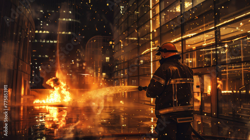 In a display of heroism, a fireman swiftly extinguishes a blaze raging through a business center, using specialized equipment to combat the flames. © Evgeniia