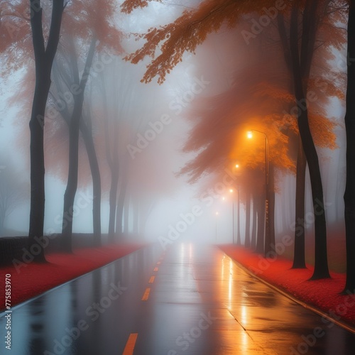 An empty illuminated rural paved road among trees and a village in the fog on a rainy autumn day
