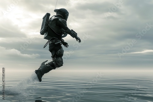 A high-tech soldier in advanced armor hovers over a calm ocean surface with clouds above.