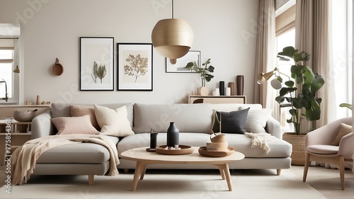 A Scandinavian-style living room with clean lines, neutral tones, and cozy textures, featuring a statement pendant light fixture 