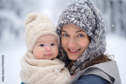 Snowy Snuggles with Mom and Baby in Hats © Sunday Art Creative