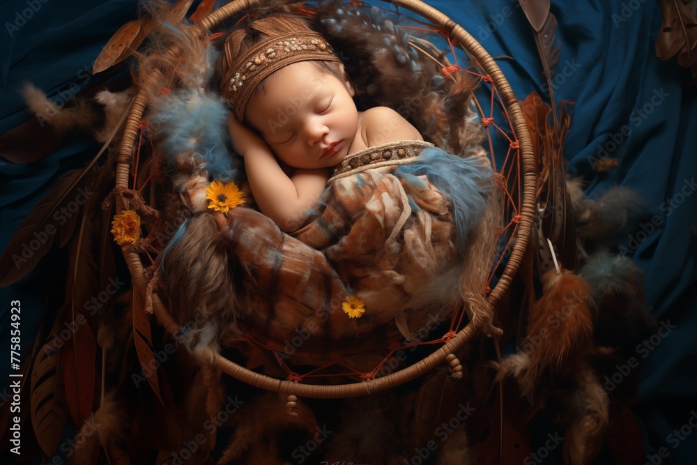 An Heirloom Dreamcatcher Surrounds a Peaceful Newborn