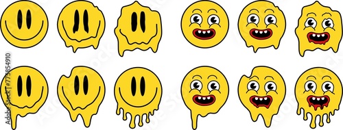 Funny melt smile faces set collection. Melted smiley faces in drippy graffiti style. Cartoon face. Urban graffiti style on transparent background