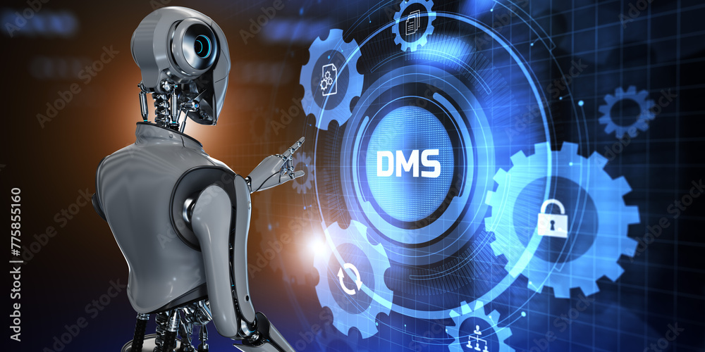 DMS Document management system business process automation RPA concept. Robot pressing button on screen 3d render.