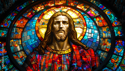 Jesus in church with The Sun's Rays Streaming Through Stained Glass Windows of The Cathedral, Blessing The Church With A Heavenly Light that Enters House Of The Lord. A Reminder Of God's Love 
