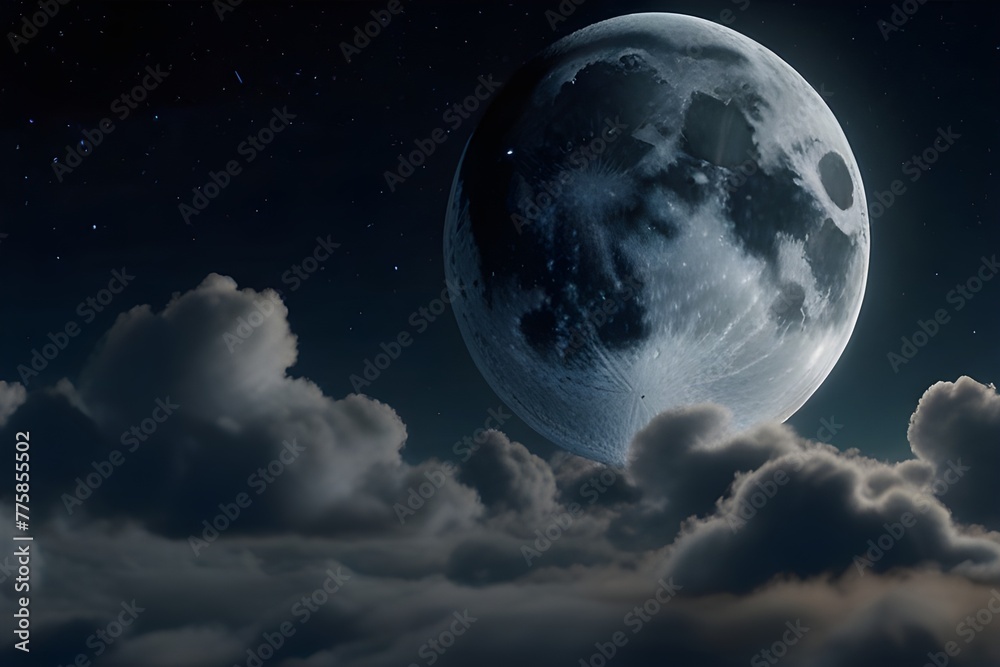 Beautiful Moon in the Skies. Flying Over the Infinite Clouds with the Night Moon Shining Seamless. Looped 3d Animation with Moonlight Over the Horizon. 4k Ultra HD Generative AI