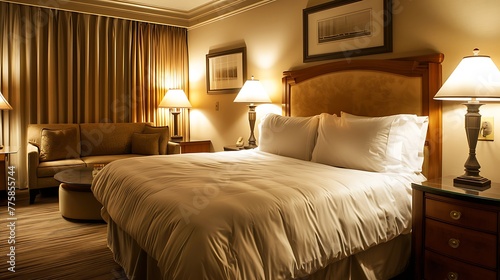A king size bed in a generic hotel room with a love seat two side tables and lamps