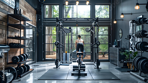 Athletic Person Training on a Smith Machine in a Modern Home Gym Interior with Natural Light photo