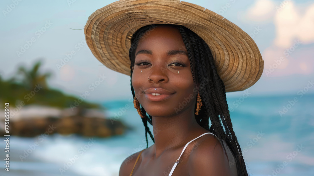 A beautiful African American woman in a straw hat smiles while standing on a seashore sandy beach.