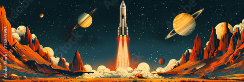 Retro space illustration depicting a fantastical cosmic scene. Space exploration and fantasy theme. Graphic design for use in creative projects, educational content, and sci-fi themes