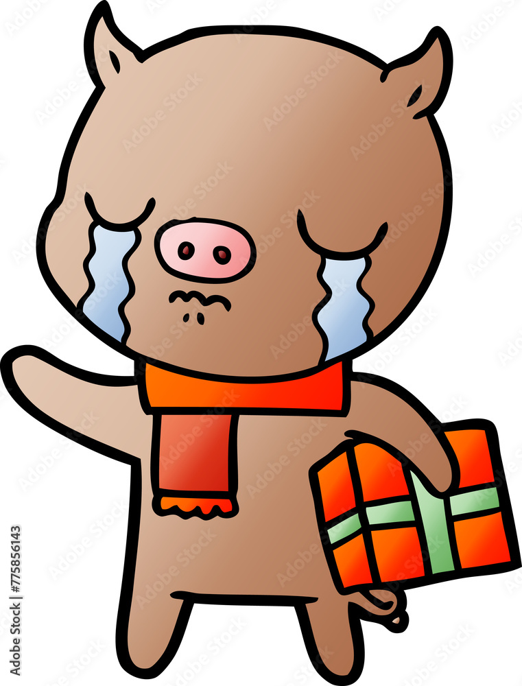 cartoon pig crying over christmas present