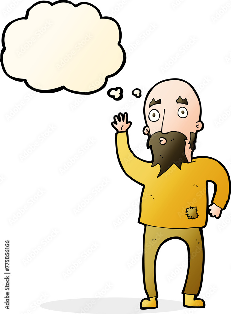 cartoon bearded man waving with thought bubble