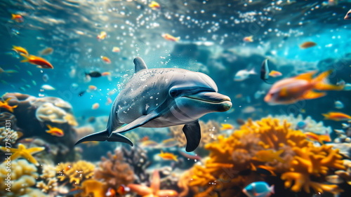 Dolphin underwater in bright rays of the sun against the background of colorful corals and fish