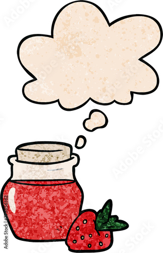 cartoon jam jar with thought bubble in grunge texture style