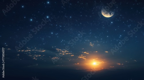 Sky night stars and moon, islamic night, sunset