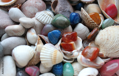 Pattern Of Colorful Quartz Stones On A Sea Mix With Sea Rocks And Shells. Aquarium Soil Backgrounds