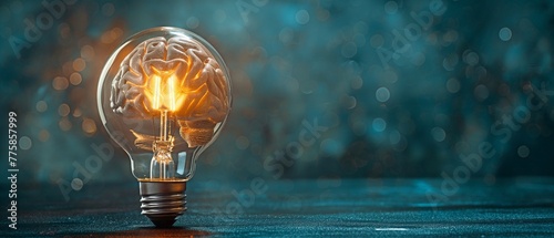 a lightbulb-filled brain. A transparent plastic or glass head encases the brain, and the lightbulb shines. notions of creativity and intellect. art for a brochure, poster, flyer, or cover. photo