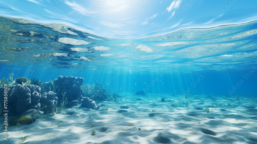 Serene Underwater View with Coral Reefs and Light Beams