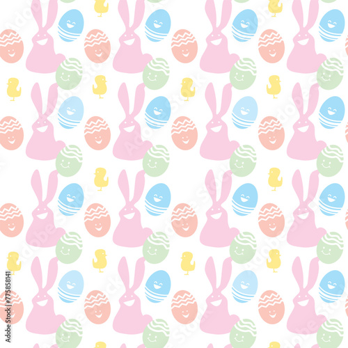 Vector seamless pattern for Easter theme, cute flat happy rabbit and egg on white background.