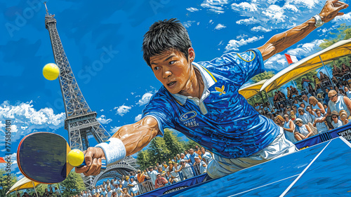 A man is playing ping pong with a yellow ball in front of the Eiffel Tower photo