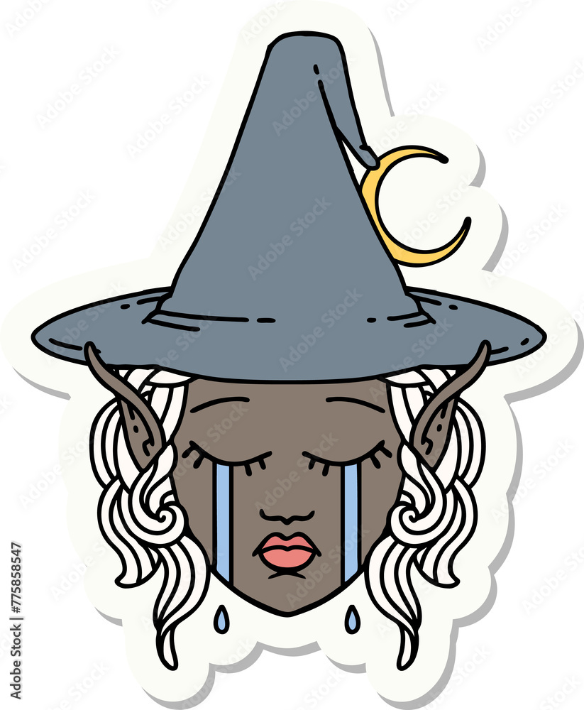 sticker of a crying elf mage character face