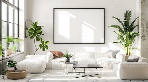 Bright Scandinavian living room design frame mockup in minimal interior background © Rosie