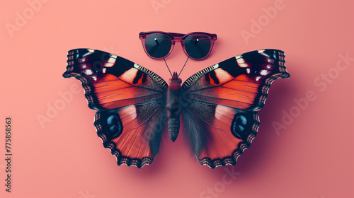 Schmetterling Draufsicht mit Sonnenbrille für Urlaub davor liegend freigestellt von oben isoliert einfarbiger Hintergrund Generative AI