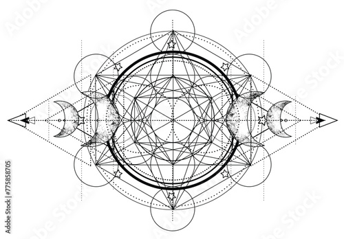 Metatron Cube. Moon pagan Wicca moon goddess symbol. Three-faced Goddess, Maiden, Mother, Crone isolated vector illustration. Tattoo, astrology, alchemy, boho and magic symbol. Coloring book.