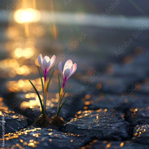 Crocus flowers breaking through dark cracked asphalt, backlit by the sun