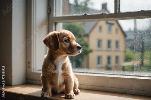 Puppy looking toward a window