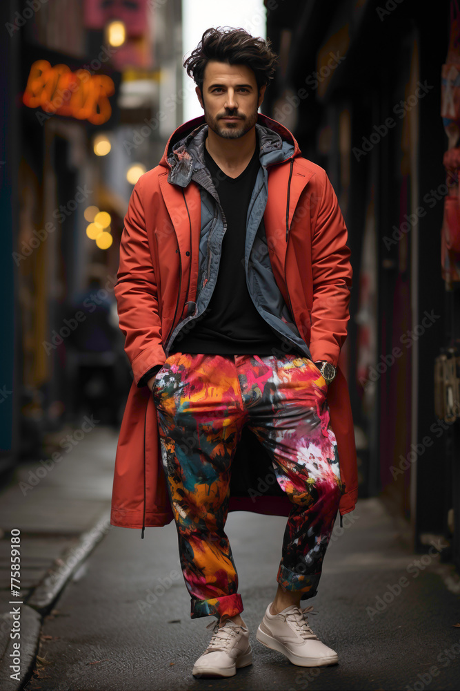 A modern trendsetter in eclectic street style, surrounded by edgy graffiti in an urban alleyway.