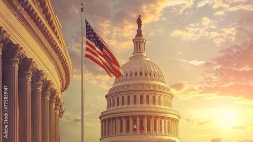 USA America flag at sunset on Washington DC photo