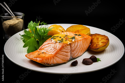 Fish and chips on a white plate on a black background