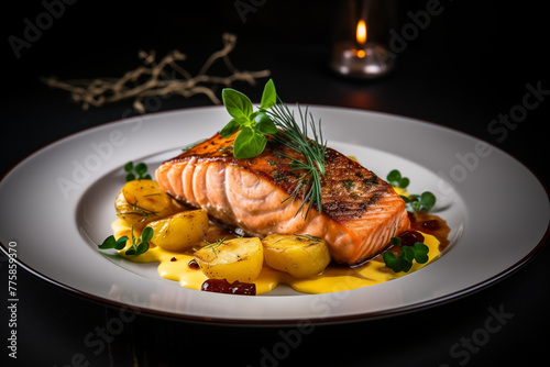 Fish and chips on a white plate on a black background