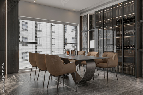 The 3D image of a modern, luxury dining space features a sleek and sophisticated design photo