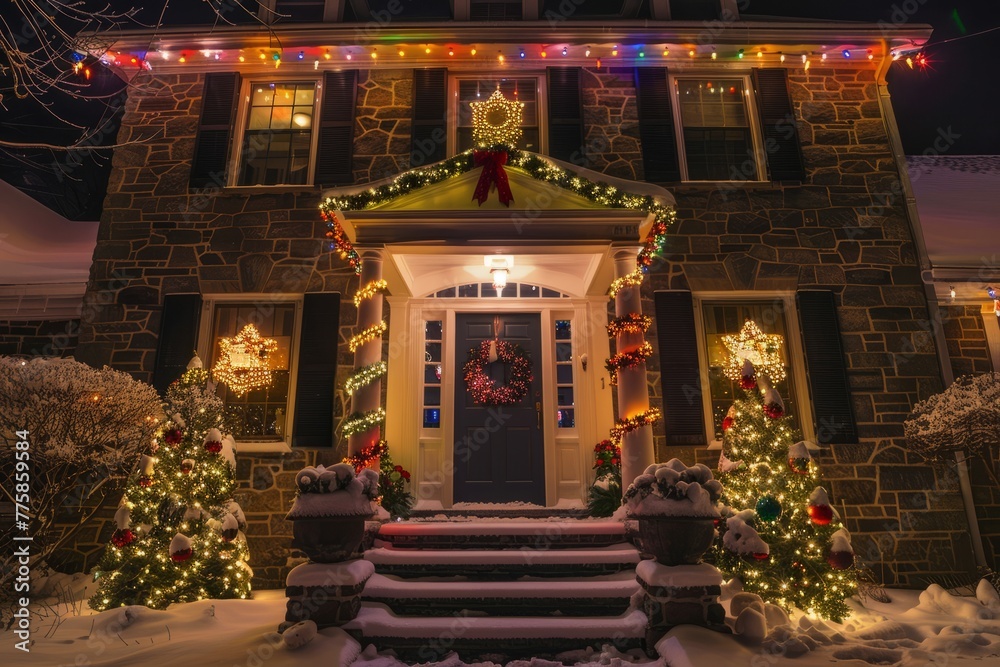 Festive Home Lights, Warm Holiday Decorations, Nighttime View