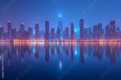Abstract smart city scape  night light skyline  panoramic  wide angle  skyscrapers with a water reflection of the skyline